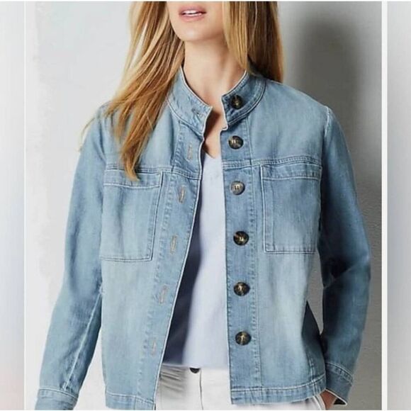 J. Jill Denim Jacket Women's Medium Tall Blue Button Outdoor Gorpcore - Picture 1 of 7
